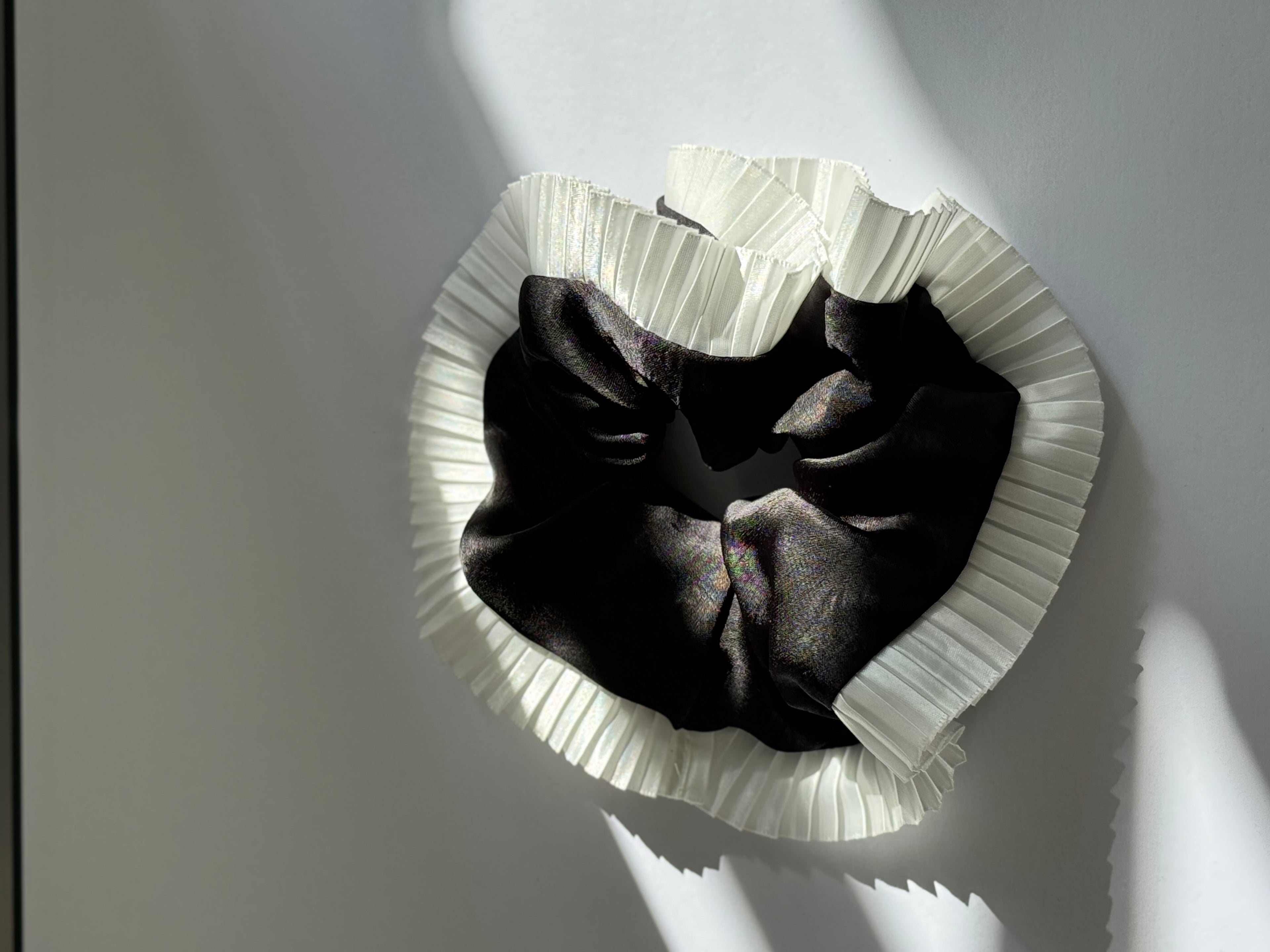 Elegance – Black Silk-Style Scrunchie with Pleated White Trim,elegant Ponytail Holders,daylily hair tie