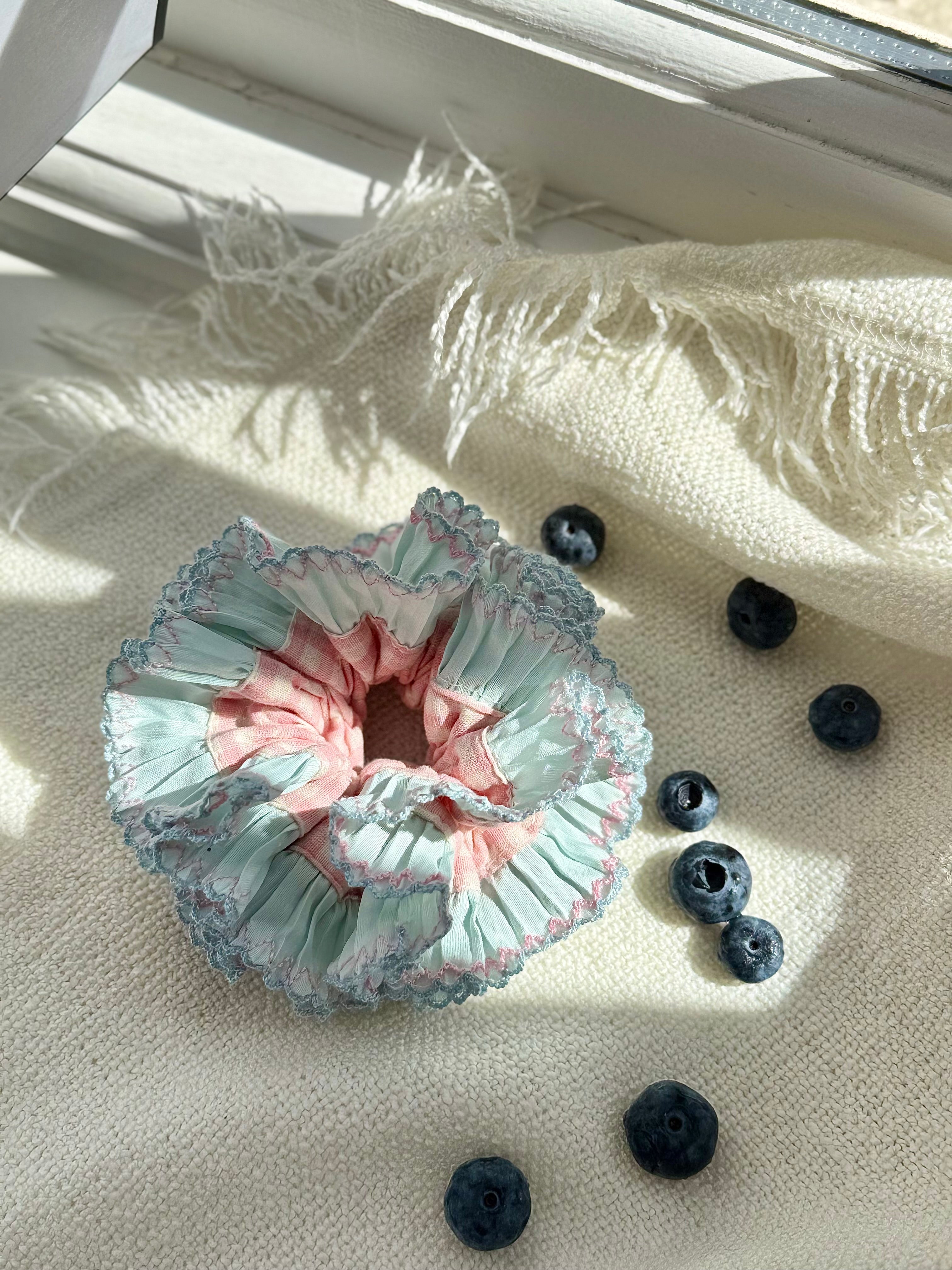 Bubble Cream ,light Blue and Pink plaid Ruffle Scrunchie,Ponytail Holders,hair tie