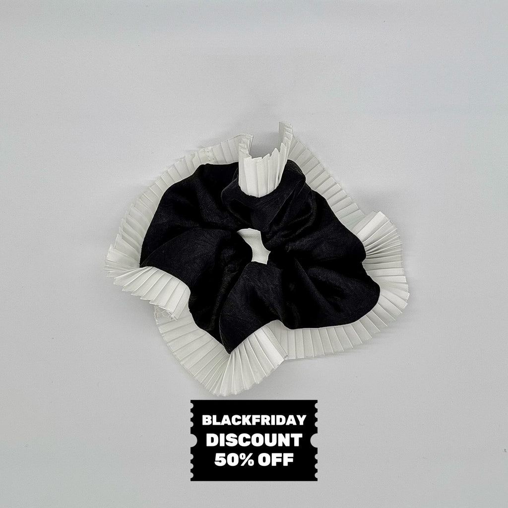 Elegance – Black Silk-Style Scrunchie with Pleated White Trim