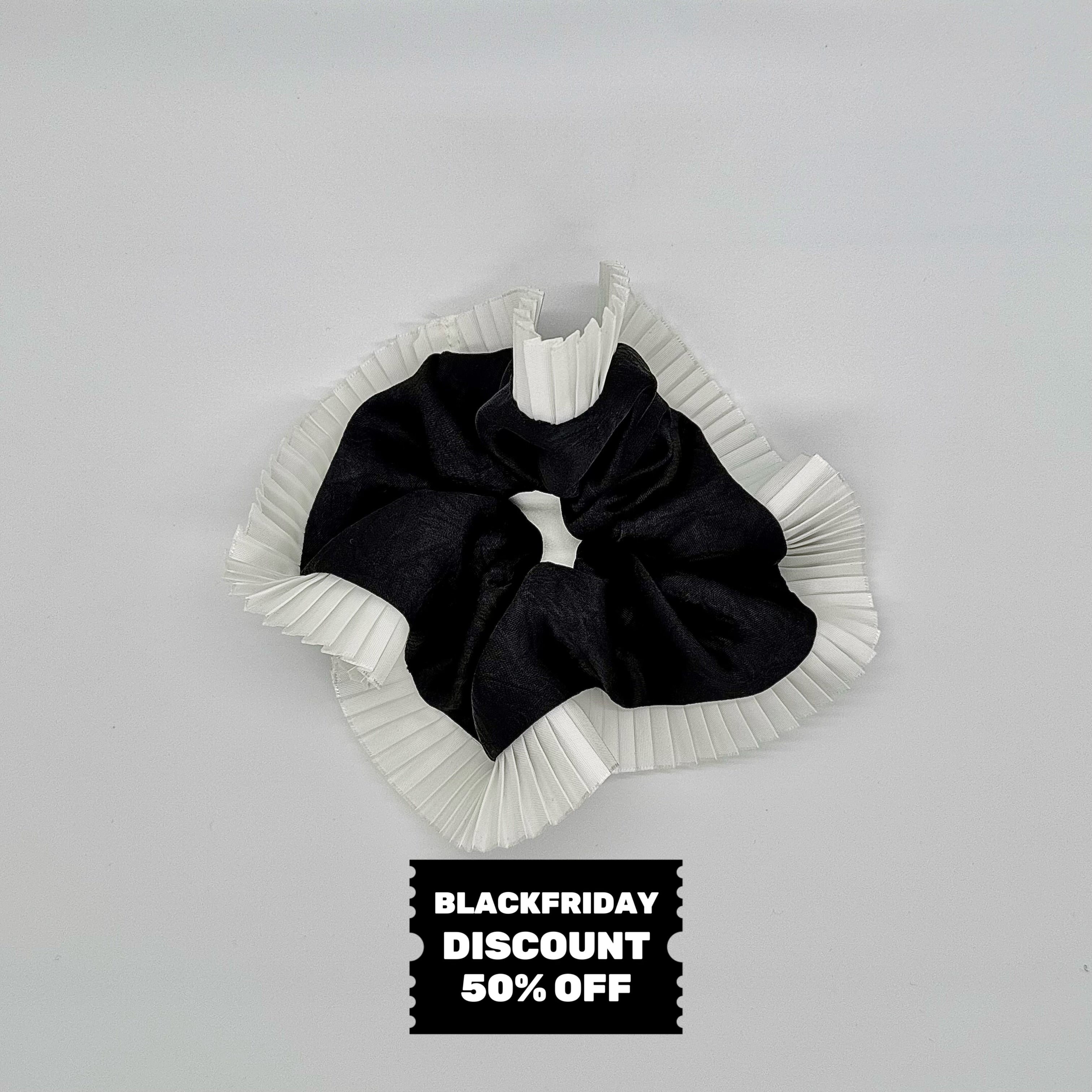 Elegance – Black Silk-Style Scrunchie with Pleated White Trim