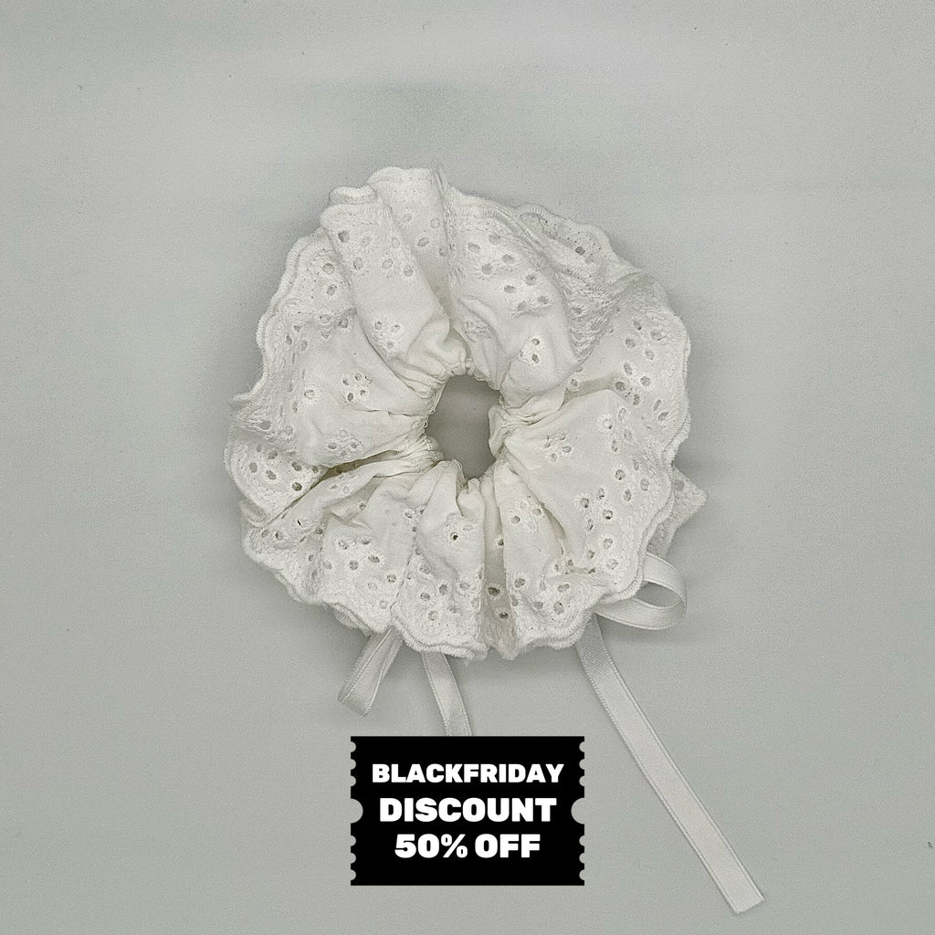 Cloud – White Lace Scrunchie with Adjustable Ribbon