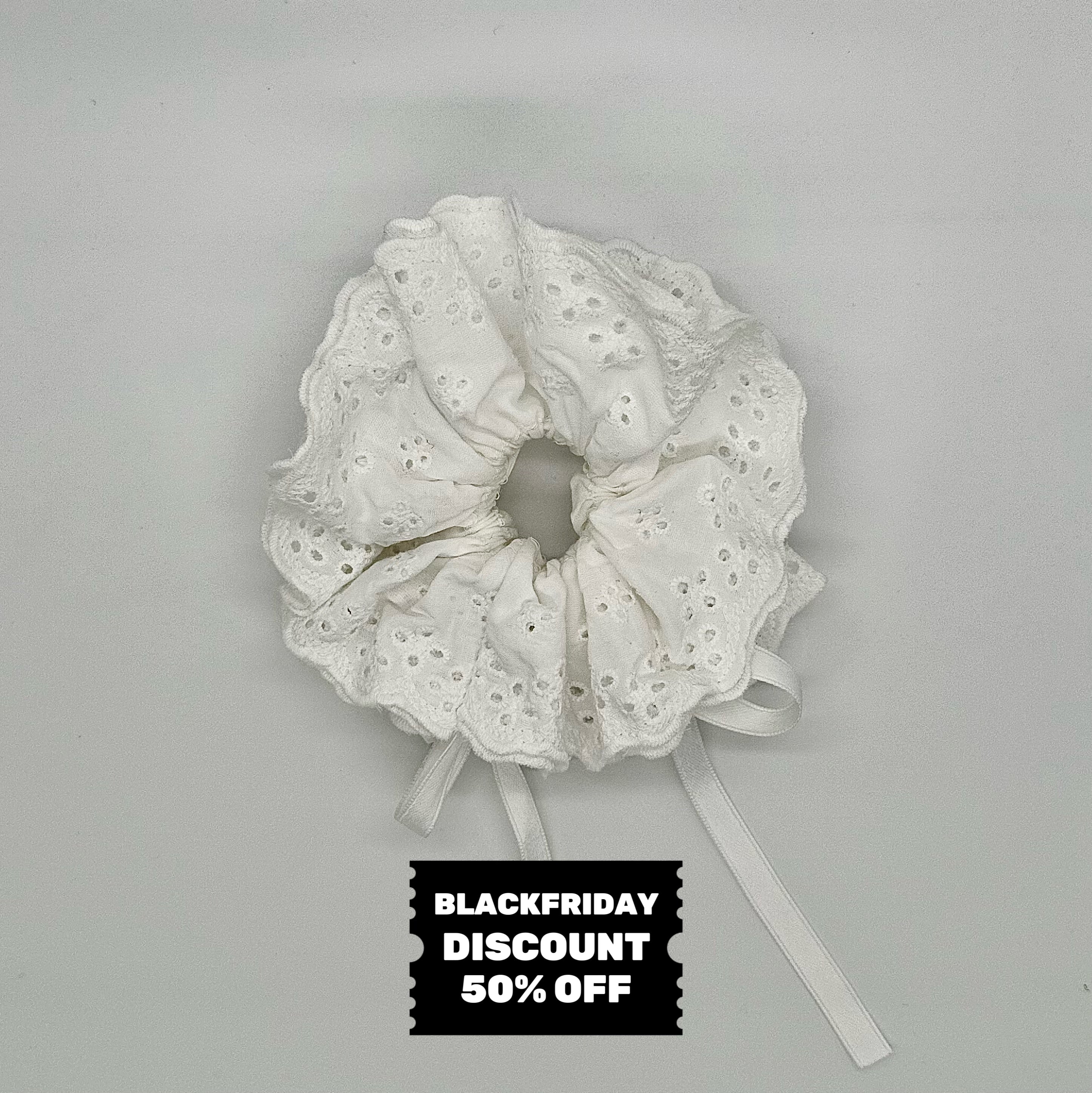 Cloud – White Lace Scrunchie with Adjustable Ribbon