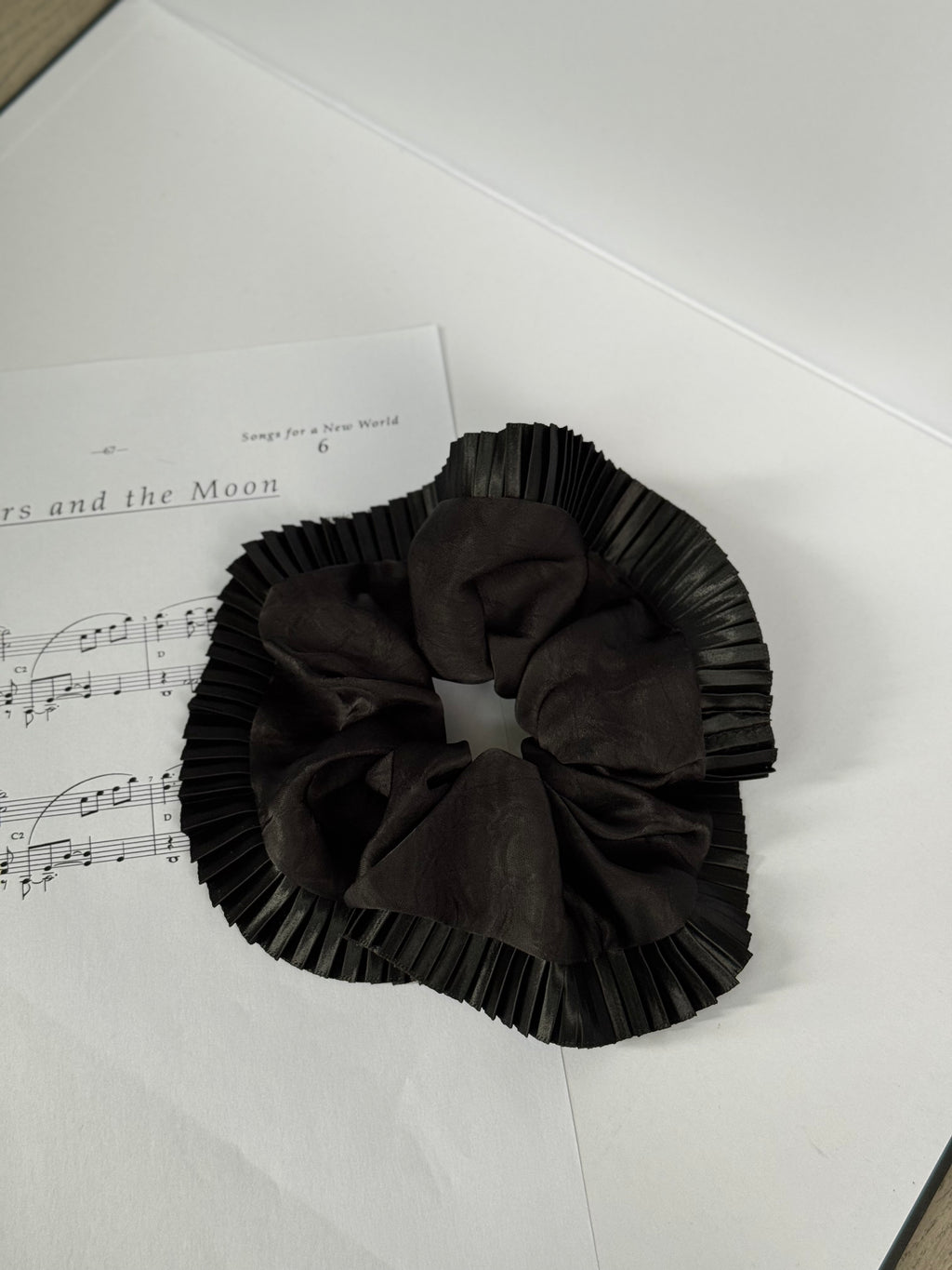 Elegance-Black silk Scrunchie with organ pleated lace，elegant Ponytail Holders，daylily hair tie