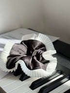 Elegance – Black Silk-Style Scrunchie with Pleated White Trim，elegant Ponytail Holders，daylily hair tie