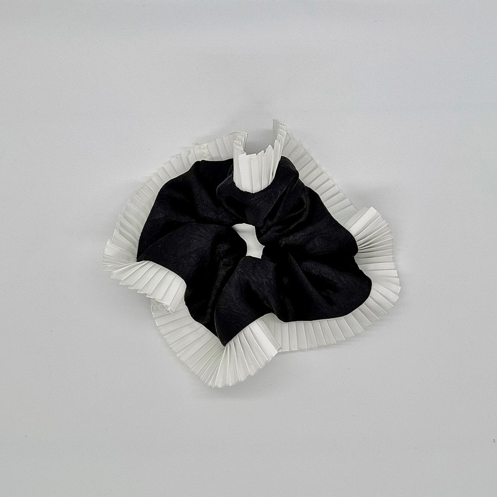 Elegance – Black Silk-Style Scrunchie with Pleated White Trim
