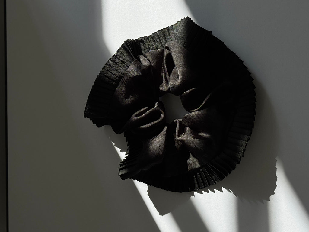 Elegance-Black silk Scrunchie with organ pleated lace，elegant Ponytail Holders，daylily hair tie