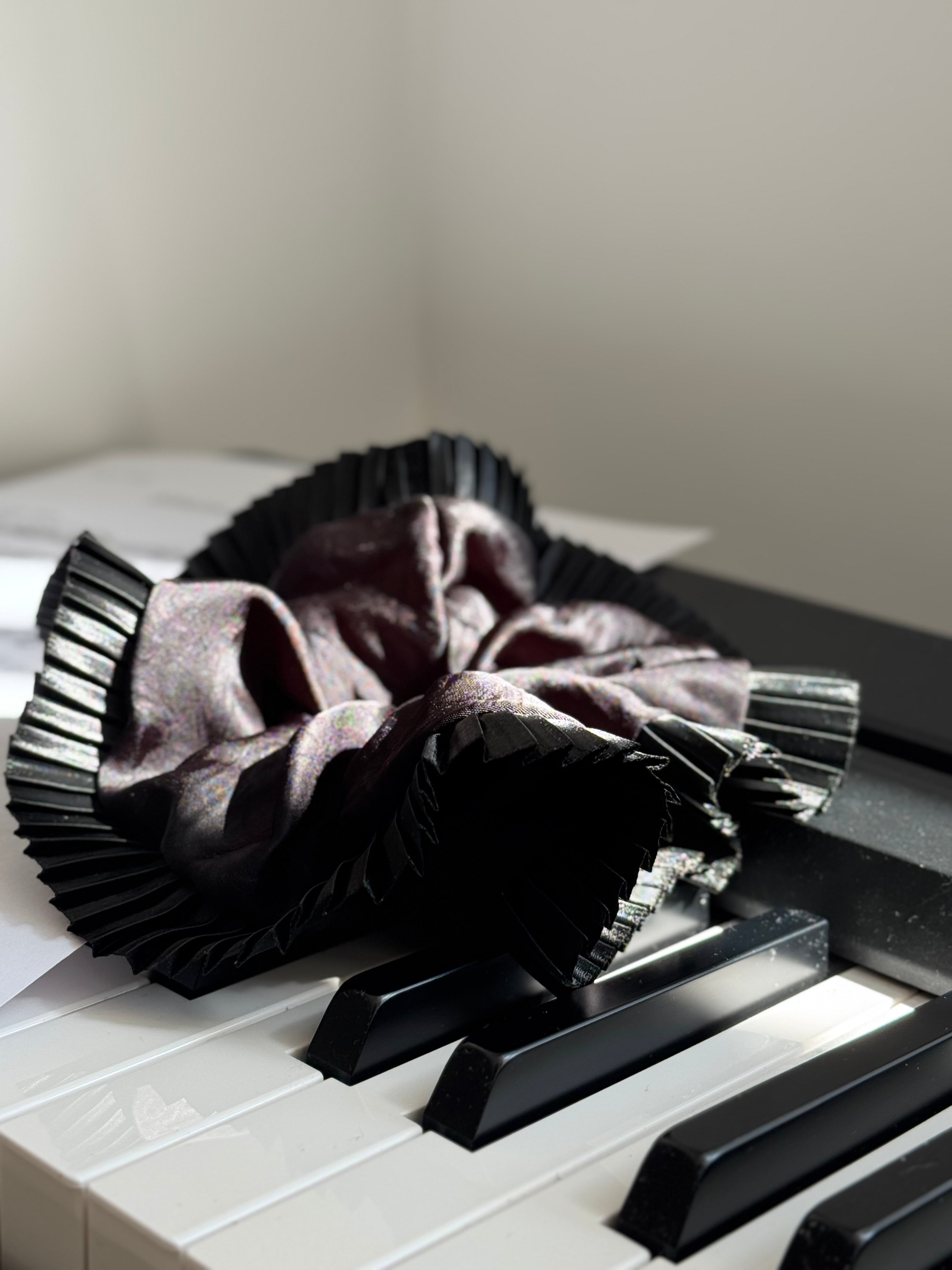 Elegance-Black silk Scrunchie with organ pleated lace，elegant Ponytail Holders，daylily hair tie