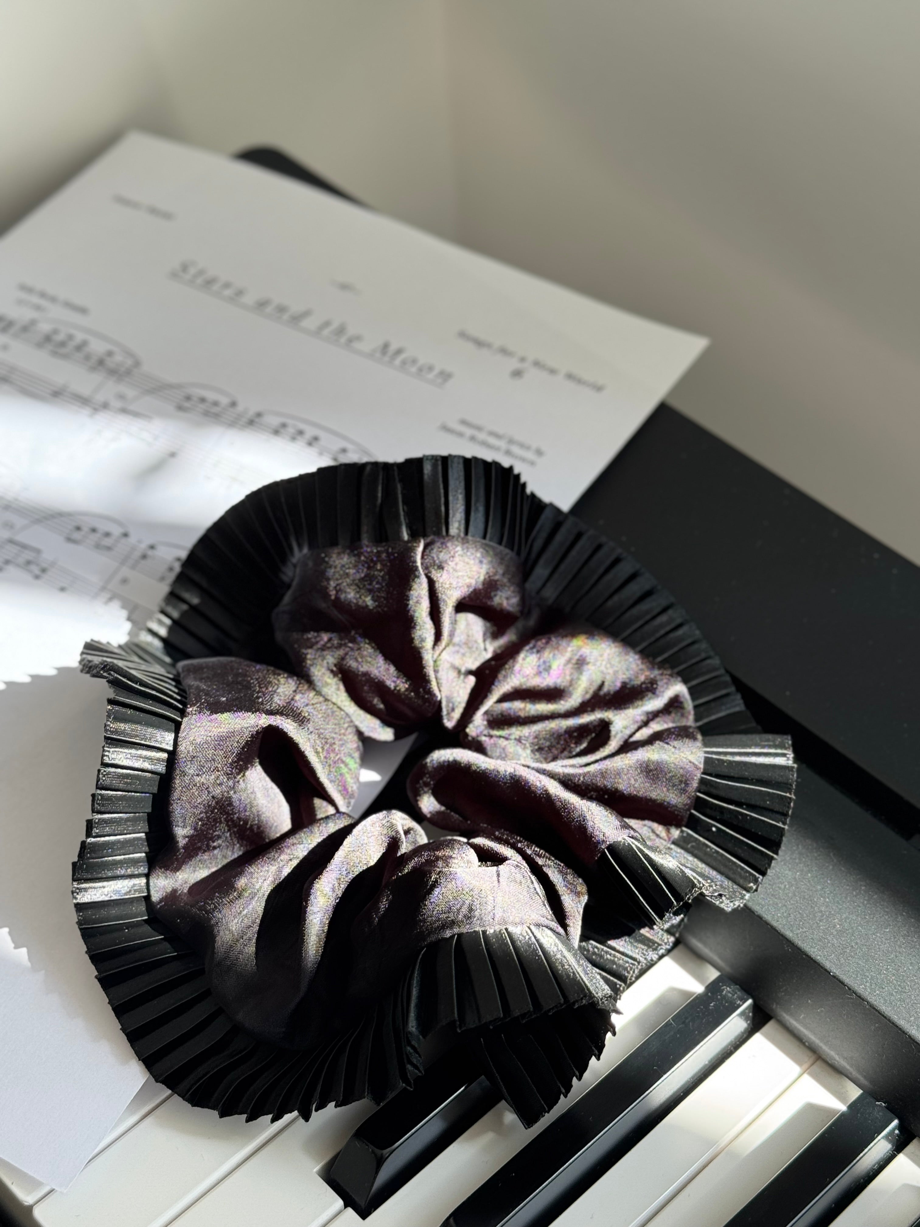Elegance-Black silk Scrunchie with organ pleated lace，elegant Ponytail Holders，daylily hair tie