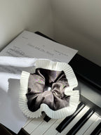 Elegance – Black Silk-Style Scrunchie with Pleated White Trim，elegant Ponytail Holders，daylily hair tie